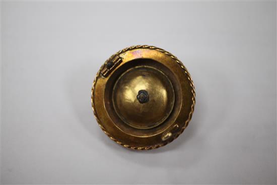A Victorian gold, blue enamel, coral bead and rose cut diamond set target brooch, 1.5in.